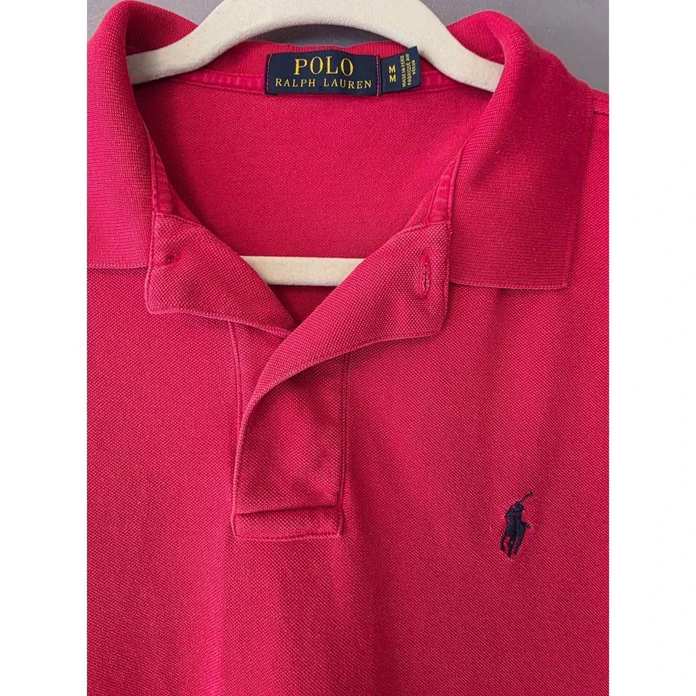 Polo Ralph Lauren Mens Medium Red Short Sleeve Pique Cotton Polo Shirt Navy Pony